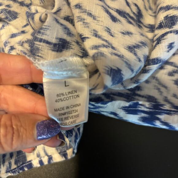 Grand and Greene Linen Blend Royal Blue White Tunic Top Size Large L V Neck - Picture 7 of 8